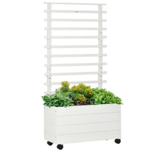 Plantekasse med espalier, 4 hjul, naturtræ, vejrbestandig finish, hvid, 76 x 30 x 155 cm