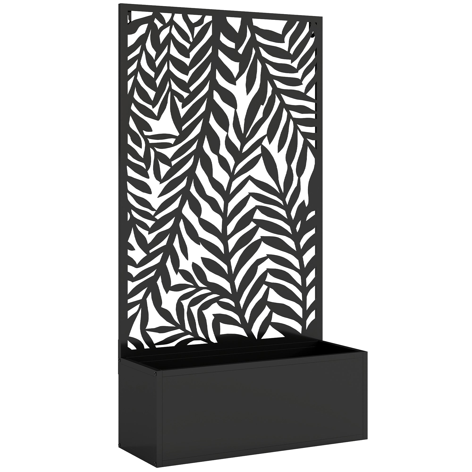 Blomsterkasse med afskærmning, plantekasse med espalier og tropiske bladmotiver, 61 x 23 x 113 cm, sort