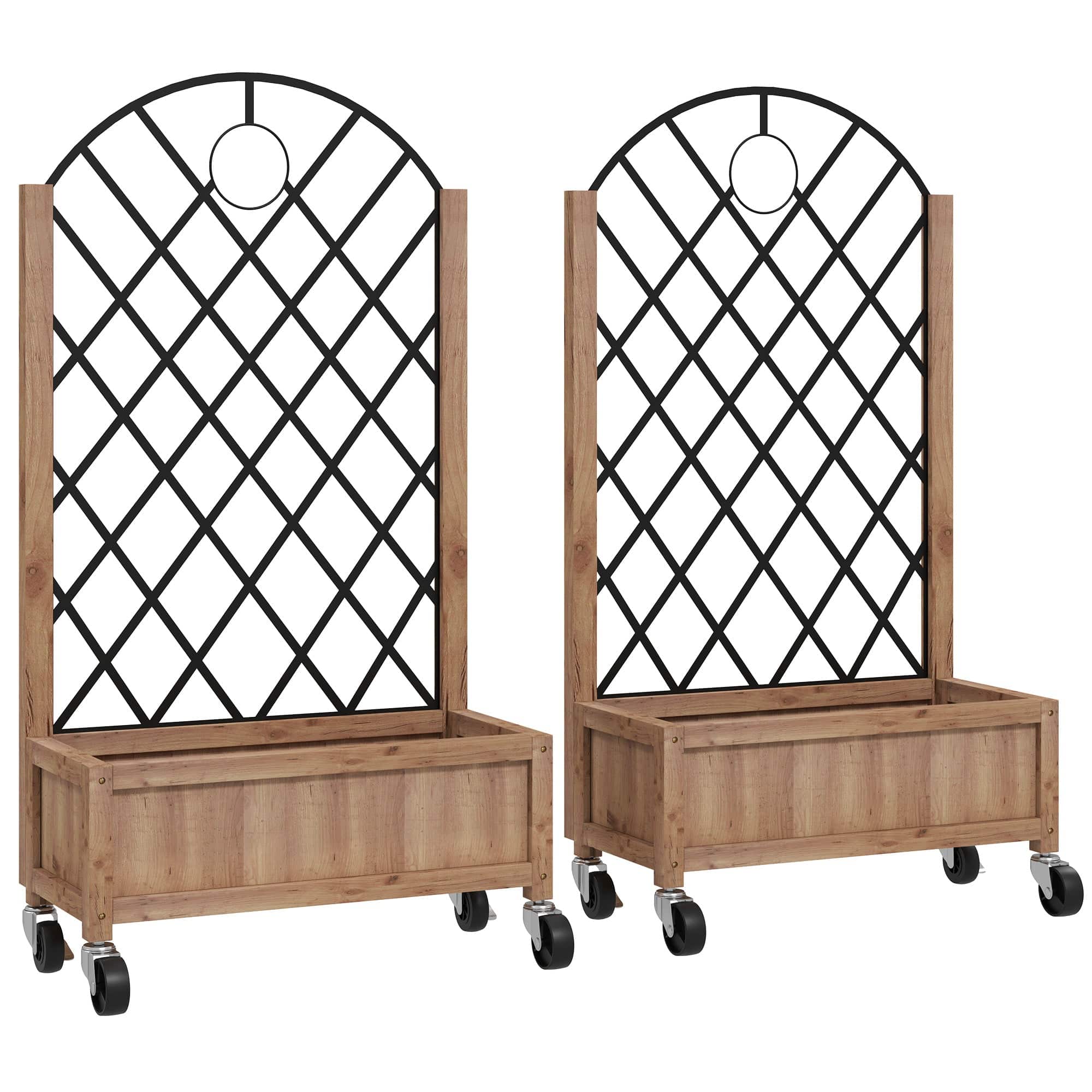 Sæt med 2 hævede havebede/plantekasser med hjul, espalier og plantepotter/blomsterkasser, træ, 52x25x97cm, brun